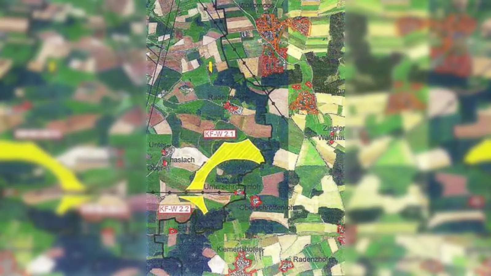 Die Konzentrationsflächen   im Osten Sielenbachs (gelbe Flächen) sind rund 800 Meter von Kiemertshofen (ganz unten) und Pfaffenhofen (rechts) entfernt.