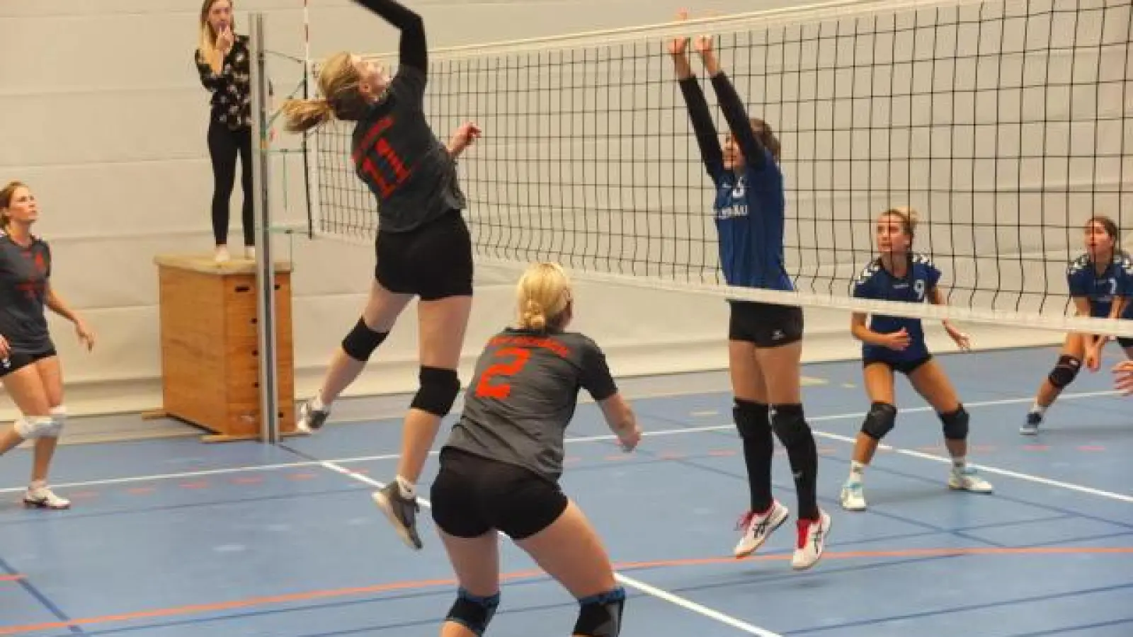 In der vergangenen Saison   spielten sie noch gegeneinander, ab dieser Spielzeit schlagen die Volleyballerinnen aus Aichach (graue Trikots) und Inchenhofen (blaue Shirts) als Spielgemeinschaft gemeinsam in der Bezirksliga auf.	Foto: Beate Rappel (Foto: Beate Rappel)