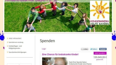 Die Internetseite der Kinderkrebshilfe Bayern im Januar 2017. Geändert hat sich seitdem wenig. Lediglich der Spendenstand ist auf knapp 150.000 Euro geklettert.