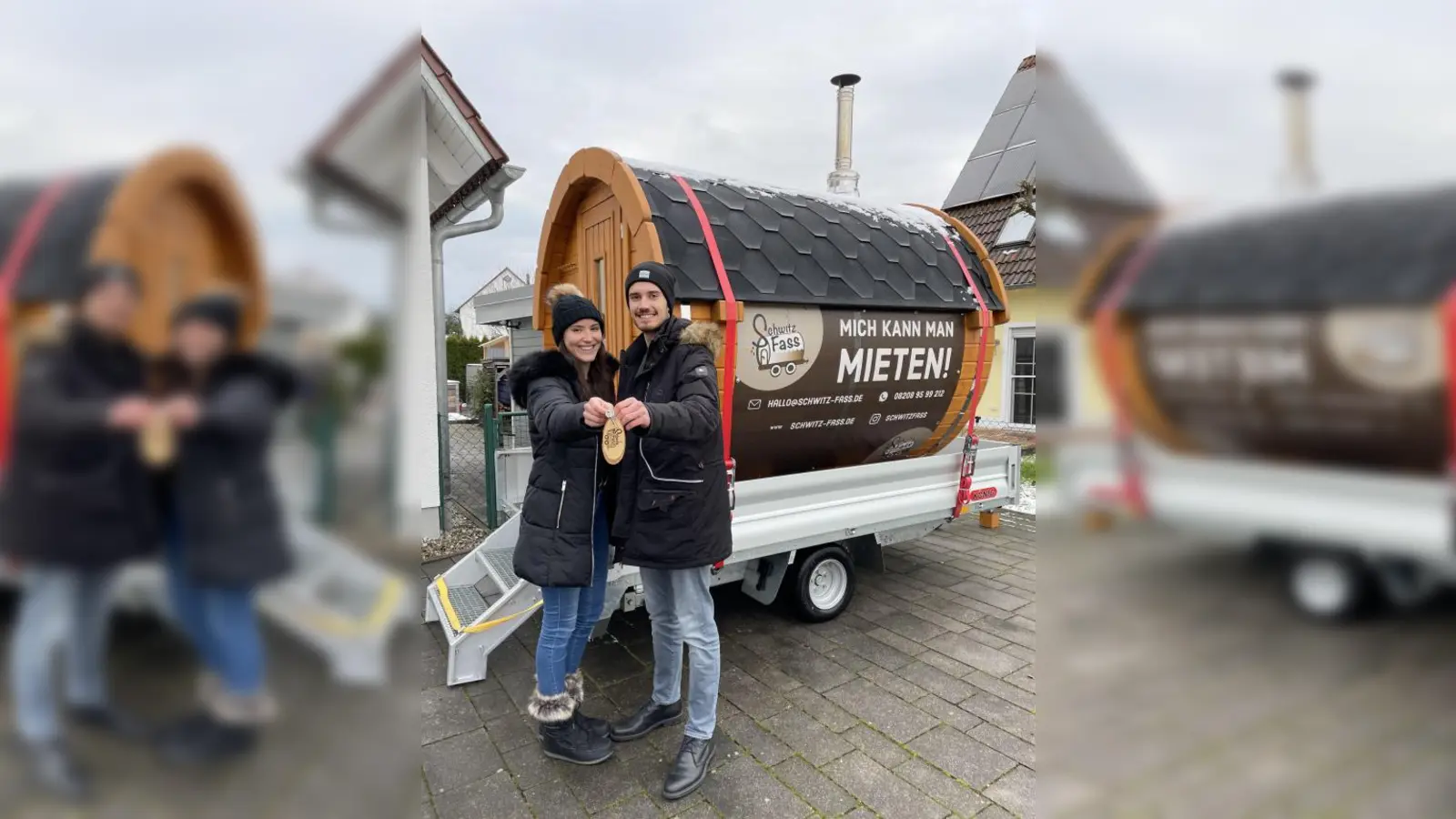 Raphael Rupprecht und Sina Ganzenmüller   vermieten eine mobile Sauna. Das „Schwitz-Fass” hat einen Durchmesser von zwei Metern und eine Länge von 2,40 Metern.	Fotos: Schwitz-Fass (Fotos: Schwitz-Fass)