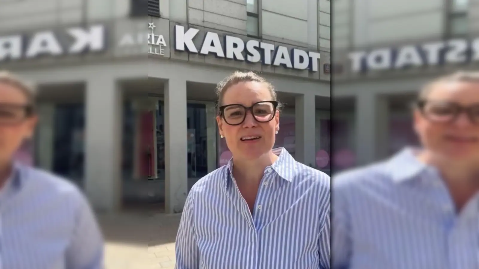 OB Eva Weber drückt in einem auf Facebook veröffentlichten Video ihre Bestürzung über die angekündigte Schließung des Augsburger Karstadt-Standorts aus. (Screenshot: Markus Höck)