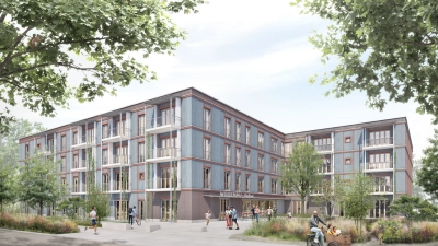 Holzhaus mit 55 Wohnungen: Die Genossenschaft Wogenau ist auf dem Weg zur Realisierung ihres Wohnprojekts im Sheridanpark. Nun wurde der Bauantrag eingereicht (Grafik: ARGE Lattke Architekten & Bayr Glatt Guimaraes)