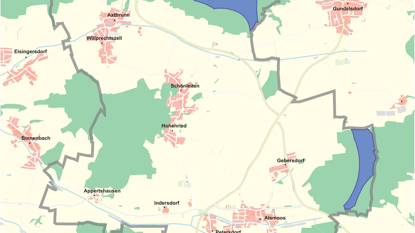 <b>Mit den von Petersdorf</b> vorgesehenen Konzentrationsflächen für Windkraft (blau eingezeichnet, oben 1) sind die Pöttmeser Nachbarn nicht einverstanden. Die Gemeinde Hollenbach hatte hingegen keine Einwände. (Foto: Feldmeier, Ralf | Aichacher Zeitung)