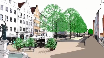 Die Grafik der Alt-Augsburg-Gesellschaft zeigt, wie die Maximilianstraße mit großen Bäumen in der Straßenmitte aussehen würde. (Grafik: Alt-Augsburg-Gesellschaft)