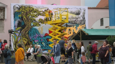 <b>Graffiti-Kunst live</b> gibt es am Oberen Stadtplatz zu sehen. Auch vor zwei Jahren bei der Premiere der Kunstnacht haben „Die Bunten” aus Augsburg eine Leinwand gestaltet. (Foto: XO)