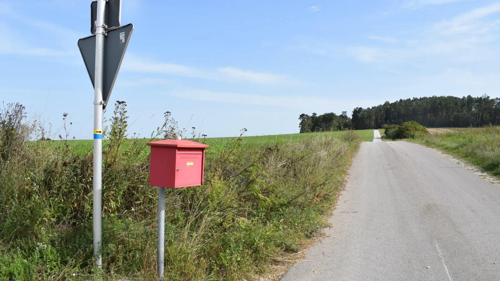 <b>Ein roter Briefkasten</b> allein auf weiter Flur: Er befindet sich an einer Kreisstraße im nördlichen Landkreis Aichach-Friedberg, doch wo genau? Und zu wem gehört er? Die Auflösung gibt es bei unserem nächsten Rätselbild auf der Serviceseite. (Foto: Thomas Winter)