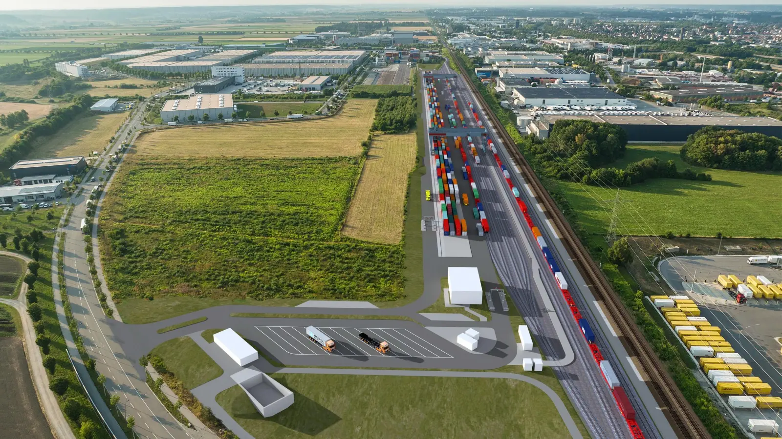 Die Visualisierung zeigt, wie der Containerbahnhof im Güterverkehrszentrum Augsburg aussehen soll. (Grafik: DB Netz AG)