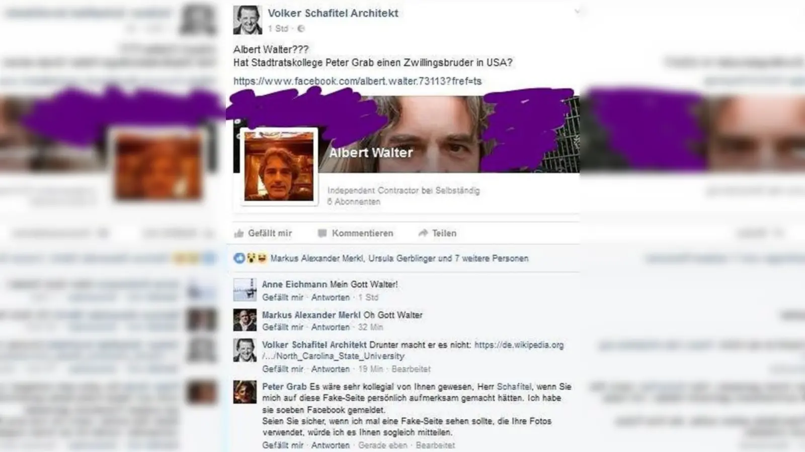 Unter dem Namen „Albert Walter” war auf Facebook ein Profil aufgetaucht, dass Fotos von Stadtrat Peter Grab verwendete - ohne dessen Einverständnis. 	Foto: Screenshot (Screenshot: Markus Höck)