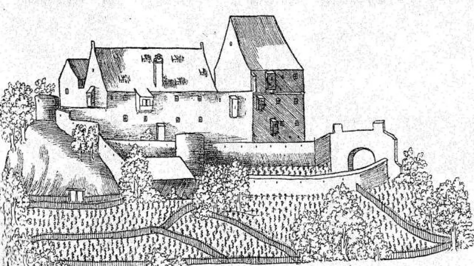 Blicke in die Geschichte des Gumppenbergs: Die Federzeichnung von Philipp Apian aus dem Jahr 1568 gibt einen Eindruck von der mittelalterlichen Burg. (Gumppenbergs: Die Federzeichnung von Philipp Apian aus dem Jahr 1568 gibt einen Eindruck von der mittelalterlichen Burg.)