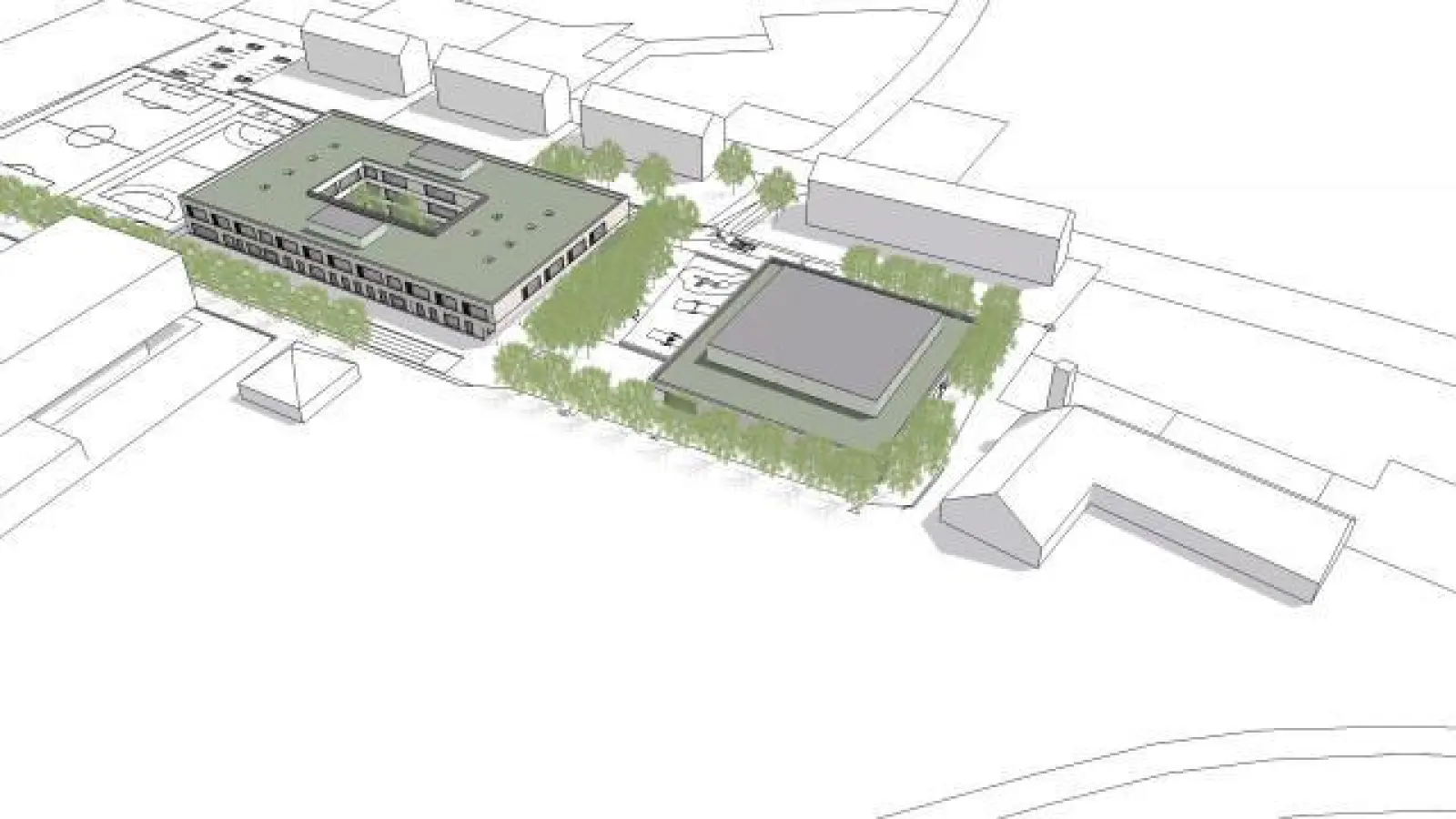 So wird die neue Vinzenz-Pallotti-Schule   in Friedberg einmal aussehen. Am linken Rand ist die FOS/BOS zu sehen, davor der Volksfestplatz.	Grafik: Architektei Mey (Grafik: Architektei Mey)