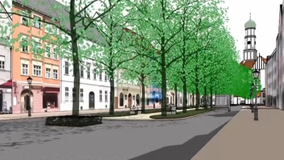 Die Illustrationen der Alt-Augsburg-Gesellschaft zeigen, wie die Maximilianstraße mit Bäumen in der Straßenmitte aussehen würde. (Grafik: Alt-Augsburg-Gesellschaft)