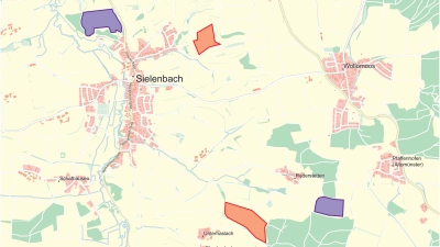 <b>Die Freiflächen-Photovoltaikanlagen</b> in der Gemeinde Sielenbach. Burgstall (lila, ganz links) mit 11,2 Hektar und Raderstetten (lila, ganz rechts) mit sieben Hektar gibt es bereits. Zugestimmt hat der Gemeinderat nun auch den Planungen für „Beim Mühlfeld” (orange, oben) mit 6,2 Hektar und „Köpfelholz” (orange, unten) mit 11 Hektar. (Grafik: Ralf Feldmeier)