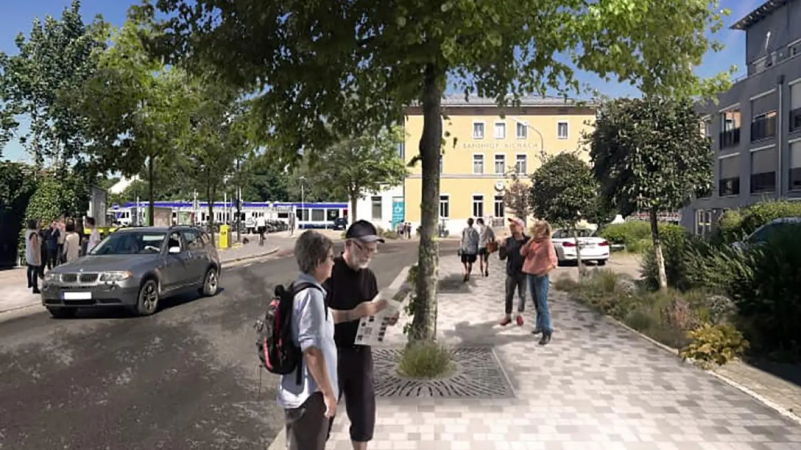 Pflasterflächen, Grünbereiche, Sitzgelegenheiten: So könnte die Bahnhofstraße in Aichach nach dem Ausbau aussehen. (Grafik: Ingenieurbüro Mayr/Landschaftsplaner Brugger)