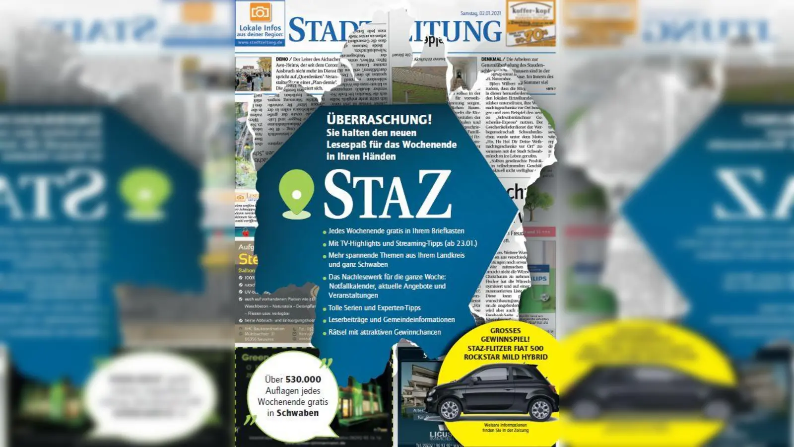 Die neue StaZ liefert jedes Wochenende die spannendsten und wichtigsten Geschichten aus den Regionen Augsburg, Paartal, Günzburg, Dillingen und Neu-Ulm. Mit der neuen Dachmarke hat die Augsburger Printausgabe zudem auf ein handlicheres Format umgestellt.  (Foto: staz)