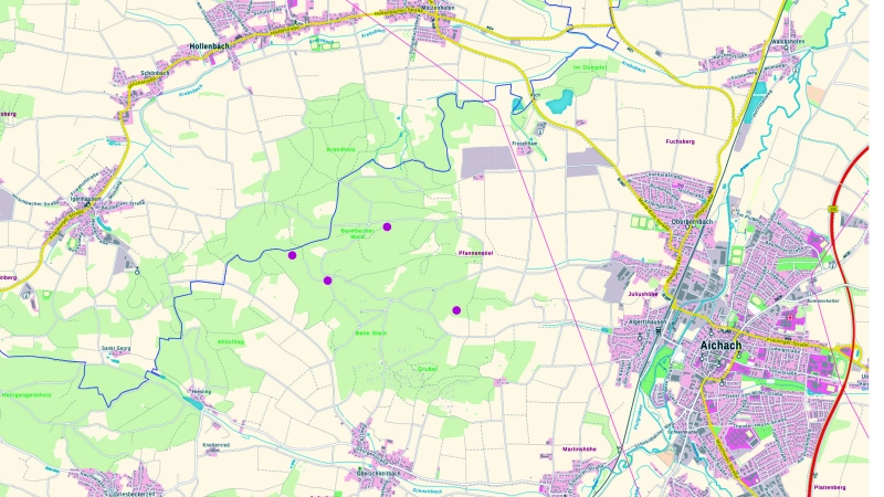 Die Stadt lässt prüfen, ob vier Windräder im Bernbacher Wald grundsätzlich möglich sind. Die Punkte markieren die Standorte, die untersucht werden.  (Repro: Josef Ettner)
