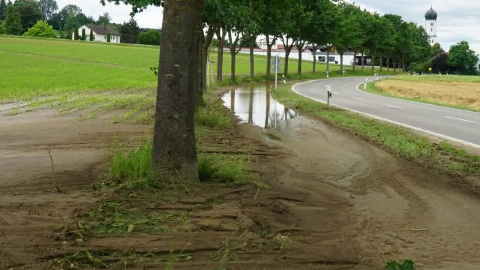 So sah der Radweg   nach dem starken Regen am Dienstag aus. Vom Acker wurde Wasser mit Schlammmassen auf den Geh- und Radweg zwischen Todtenweis und der Lutz-Siedlung geschwemmt. 	Foto: Sofia Brandmayr (Foto: Sofia Brandmayr)
