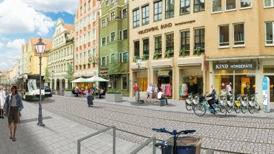 Die Arbeiten in der Karolinenstraße gehen weiter. Die Visualisierung zeigt, wie die Karolinenstraße nach der Umgestaltung aussehen soll. (Grafik: Neonpastell GmbH / Augsburg)